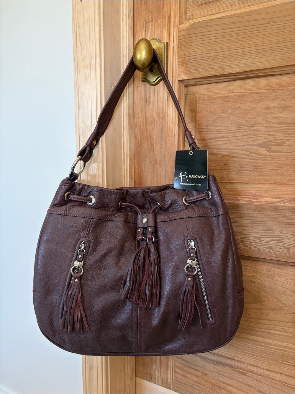 b. makowsky Burgundy/Dark Brown Leather Tassel Drawstring Hobo Shoulder Bag NWT
